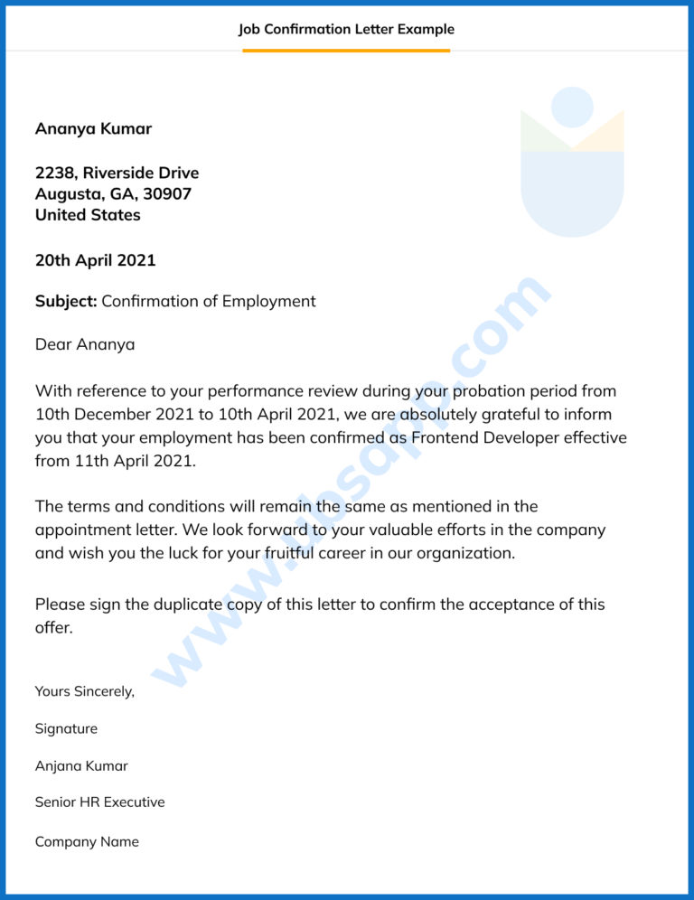 application letter for job confirmation