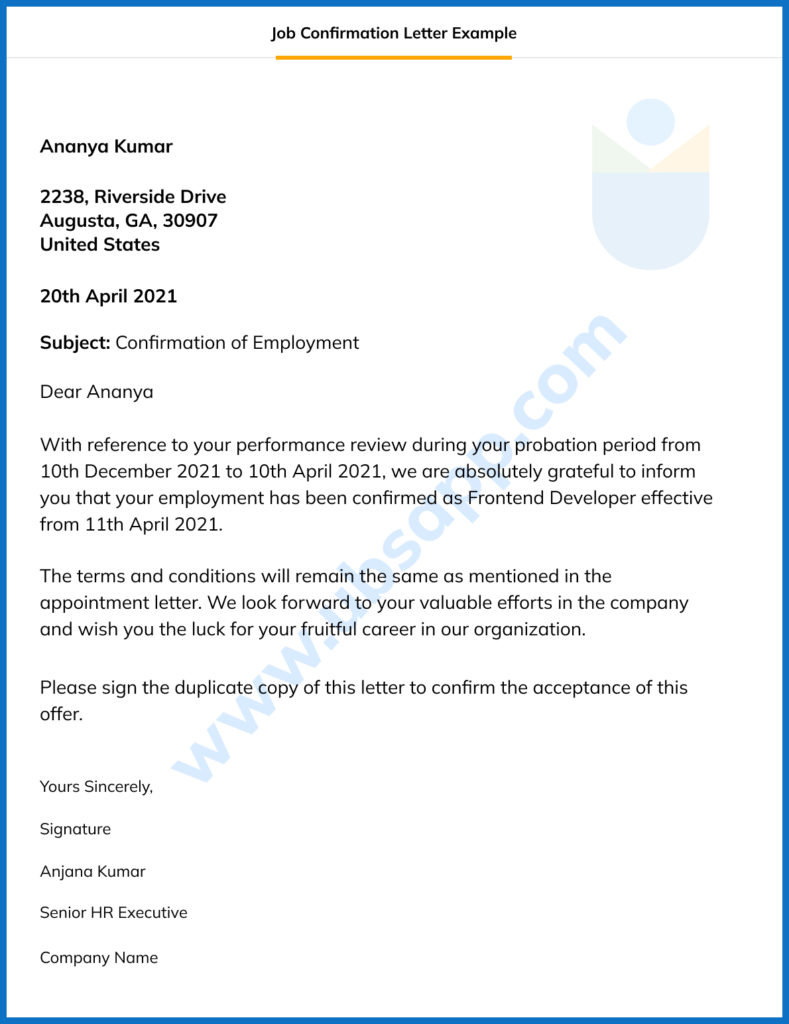 Job Confirmation Letter Example