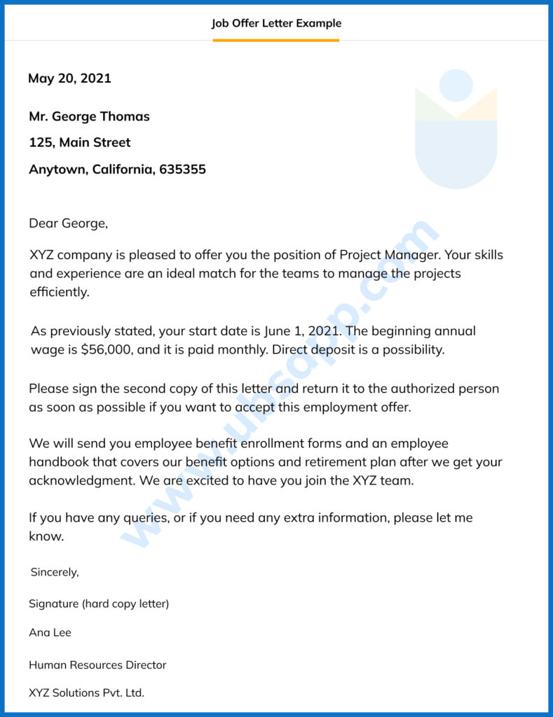 Job Offer Letter Example