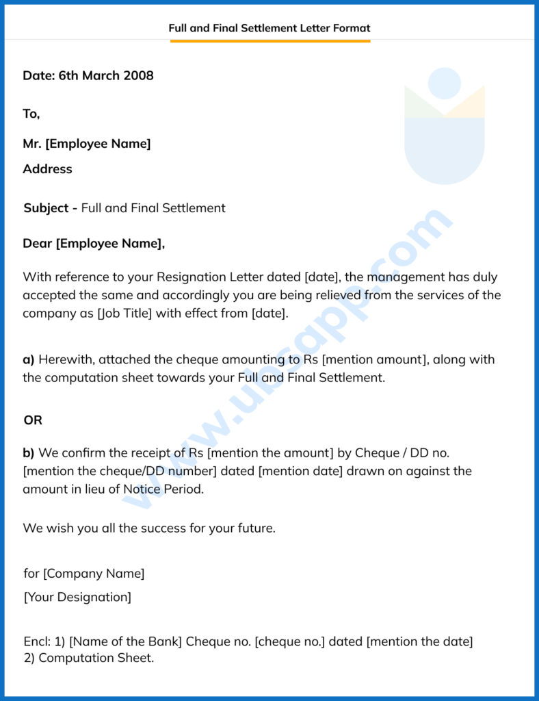 Full and Final Settlement Letter Format
