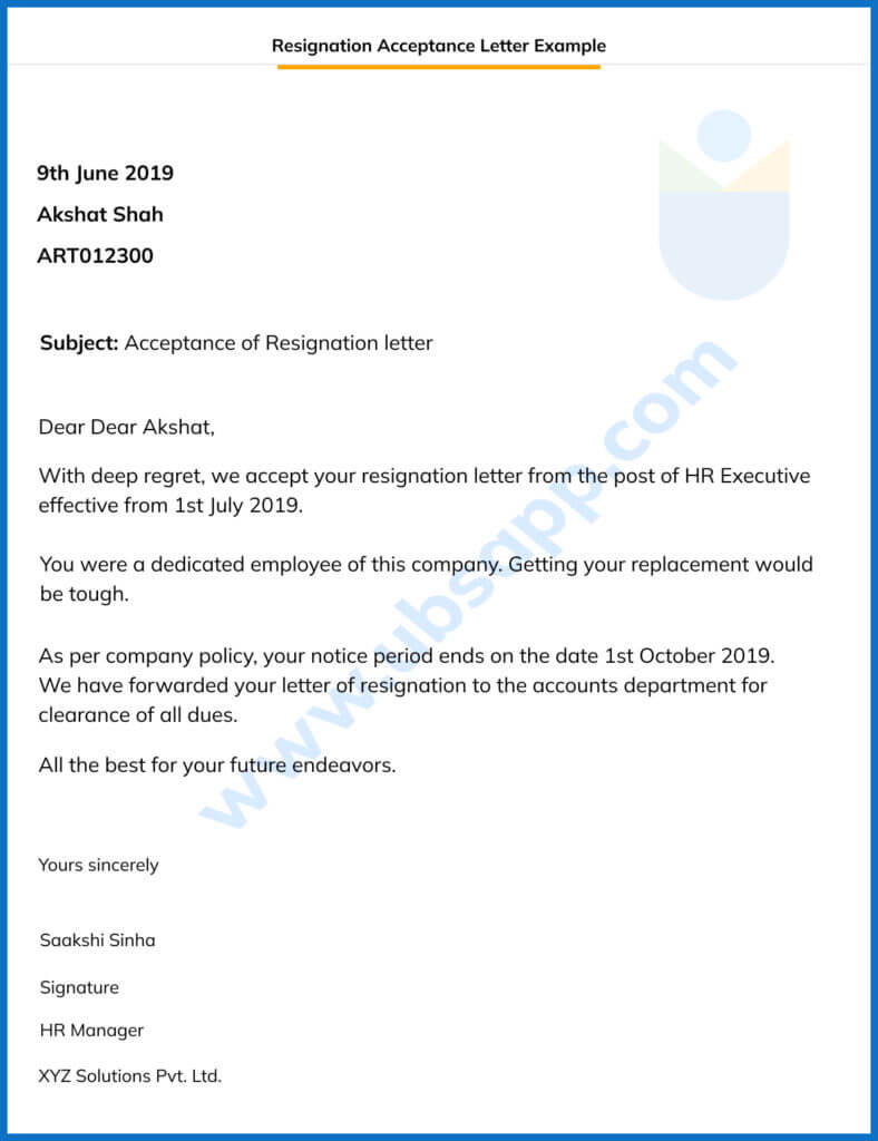 Resignation Acceptance Letter Example