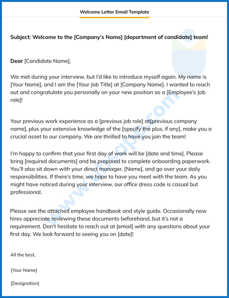 Welcome Letter Email Template