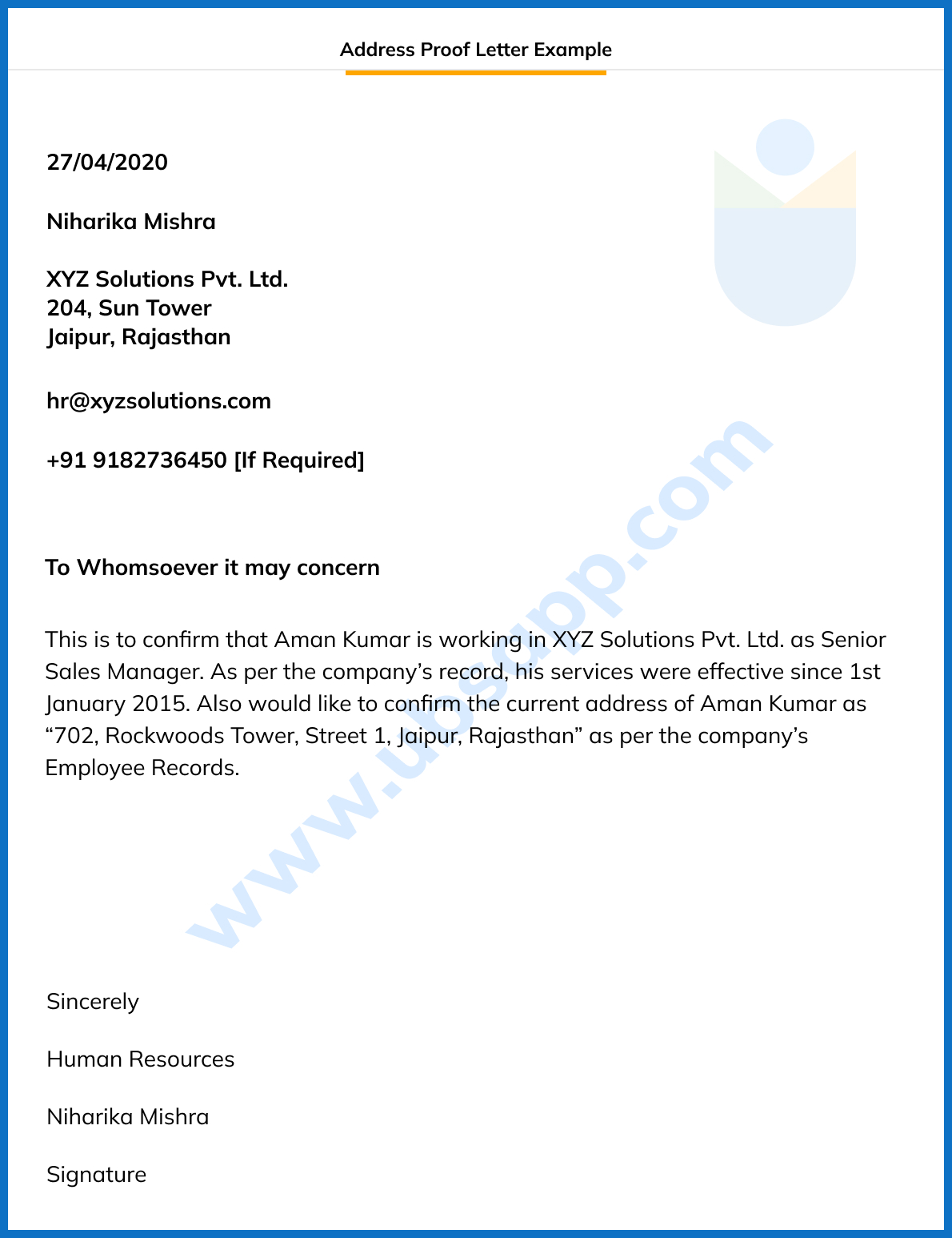 application letter to hr manager for address proof