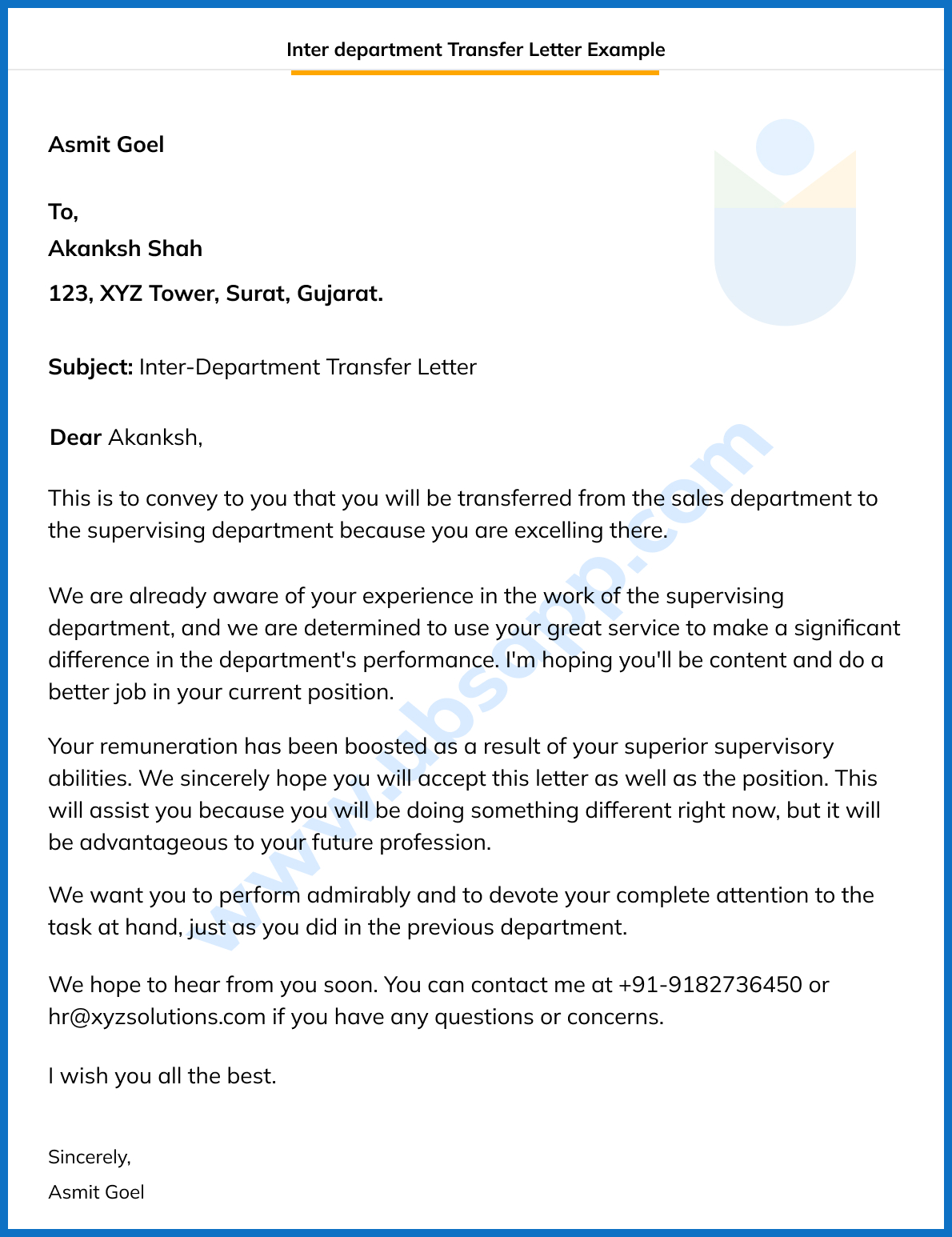 Inter department Transfer Letter Example