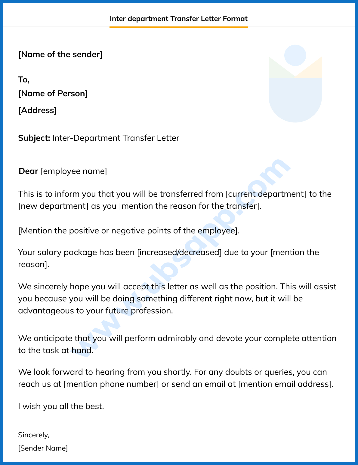 Inter department Transfer Letter Format