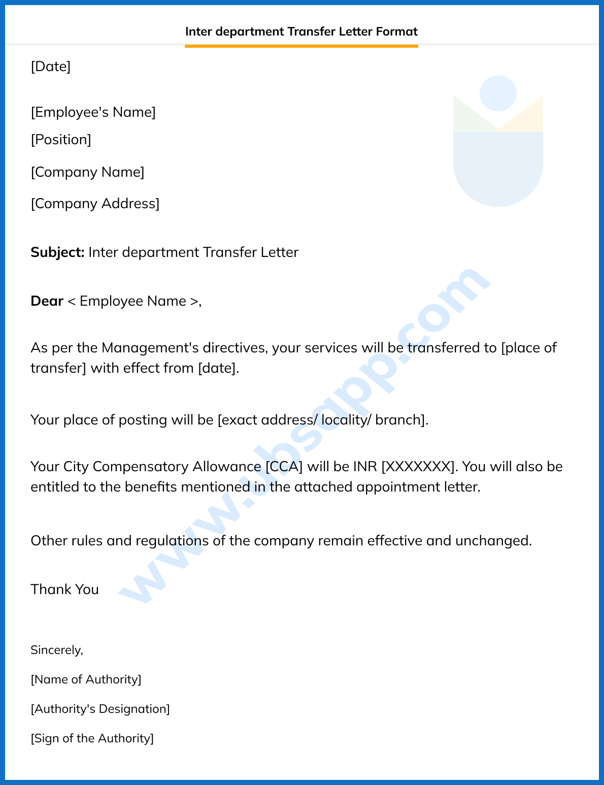 Inter department Transfer Letter Format