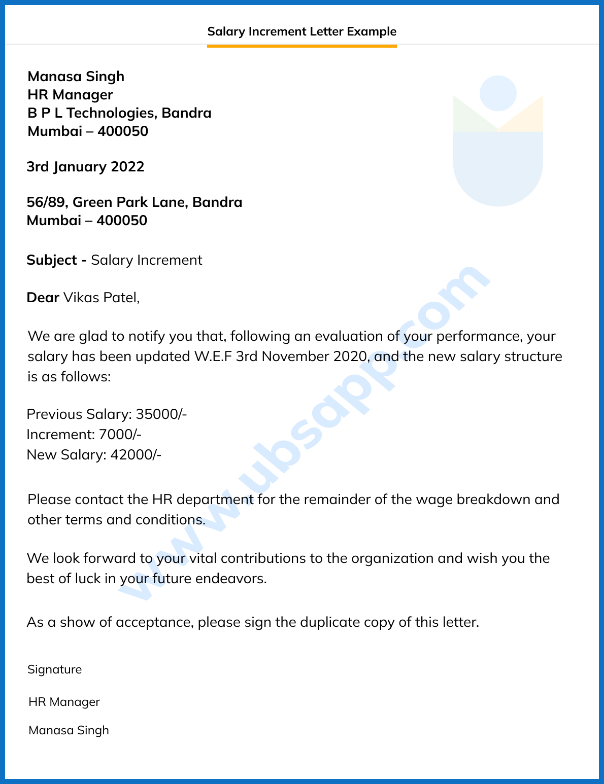 Salary Increment Letter Example