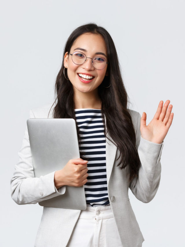 cropped business finance employment female successful entrepreneurs concept friendly smiling office manager greeting new coworker businesswoman welcome clients with hand wave hold laptop