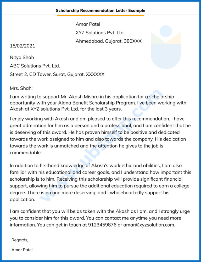 Scholarship Recommendation Letter - Format, Meaning, Purpose, Examples ...