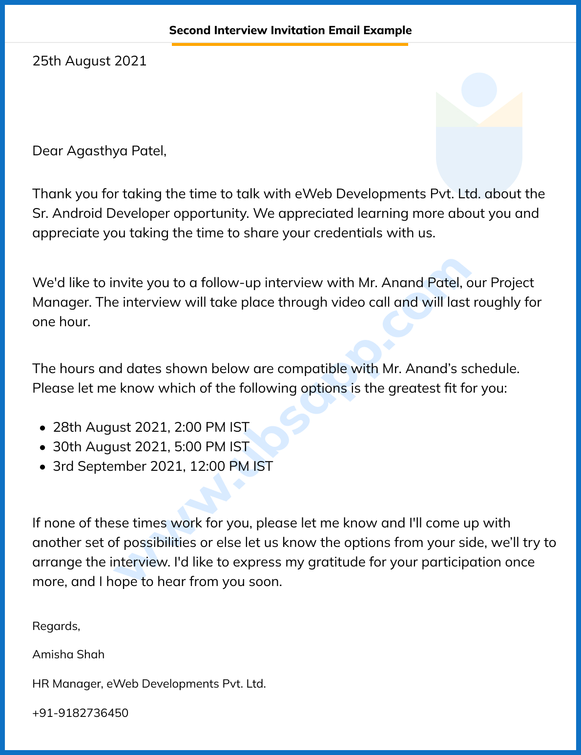 Second Interview Invitation Email Format Meaning Template Examples 