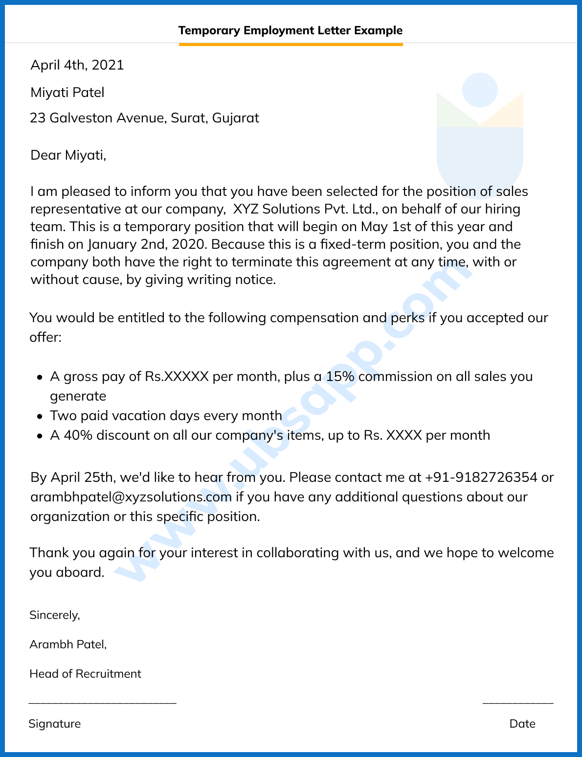 Temporary Employee Offer Letter Sample 