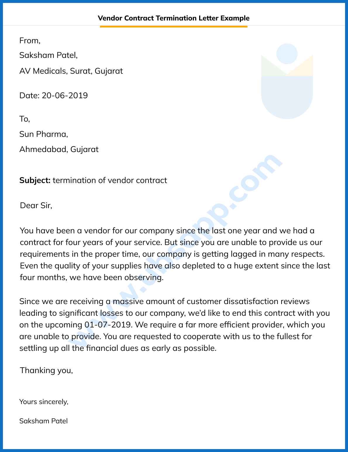 Vendor Contract Termination Letter Example