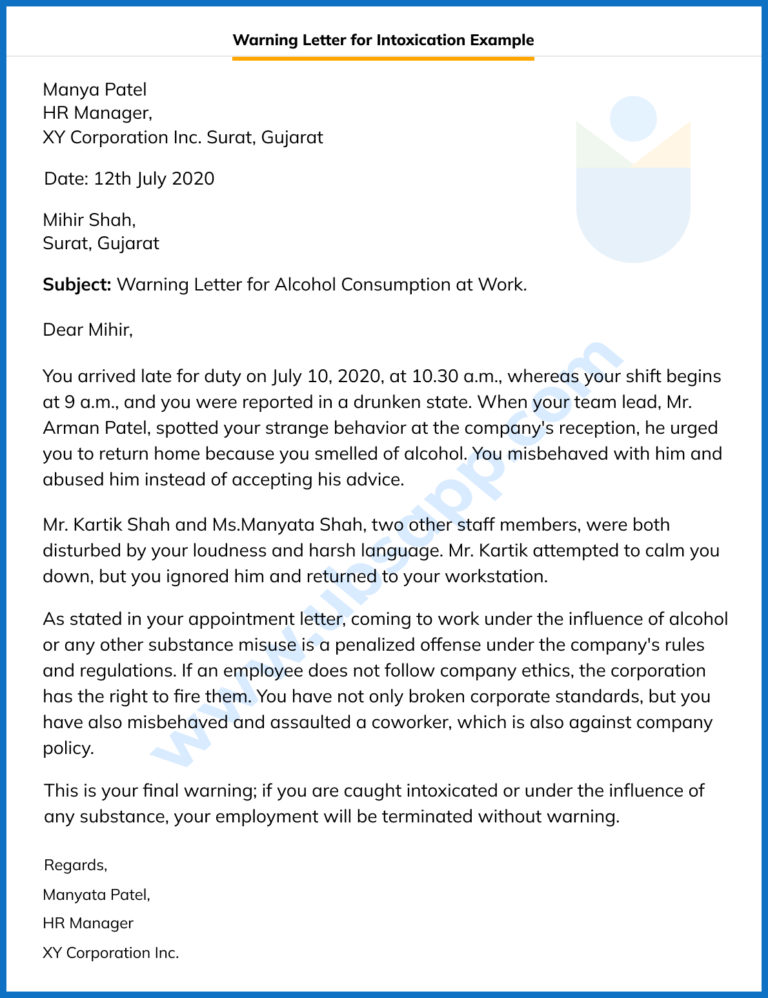 Warning Letter for Intoxication at Work Format Meaning Need