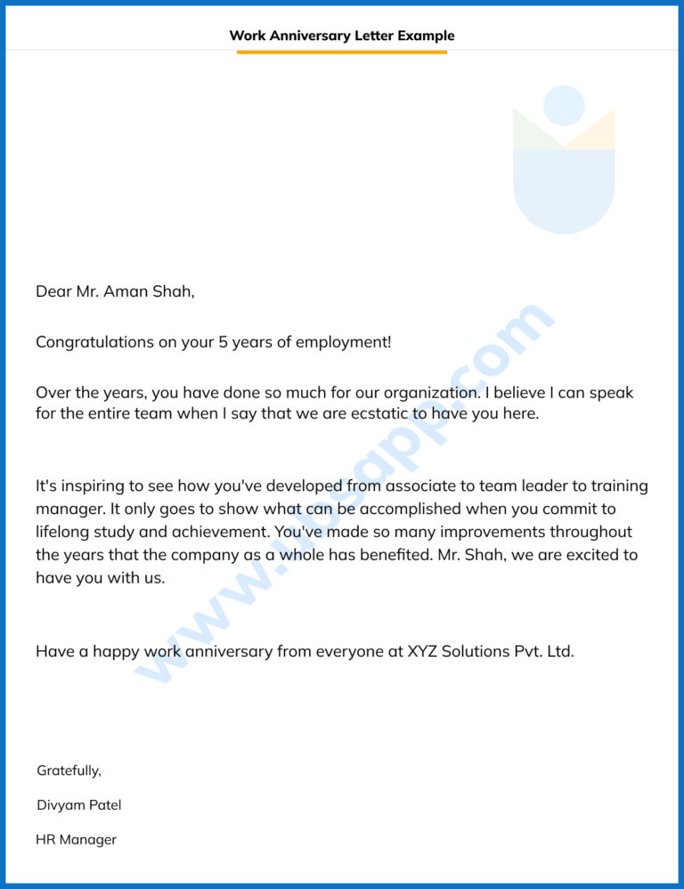 Work Anniversary Letter - Format, Meaning, Guidelines, examples, and More