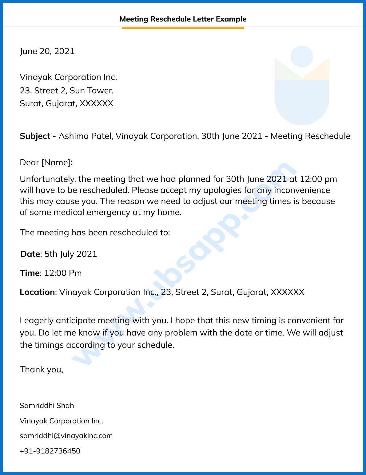 Meeting Reschedule Letter Example