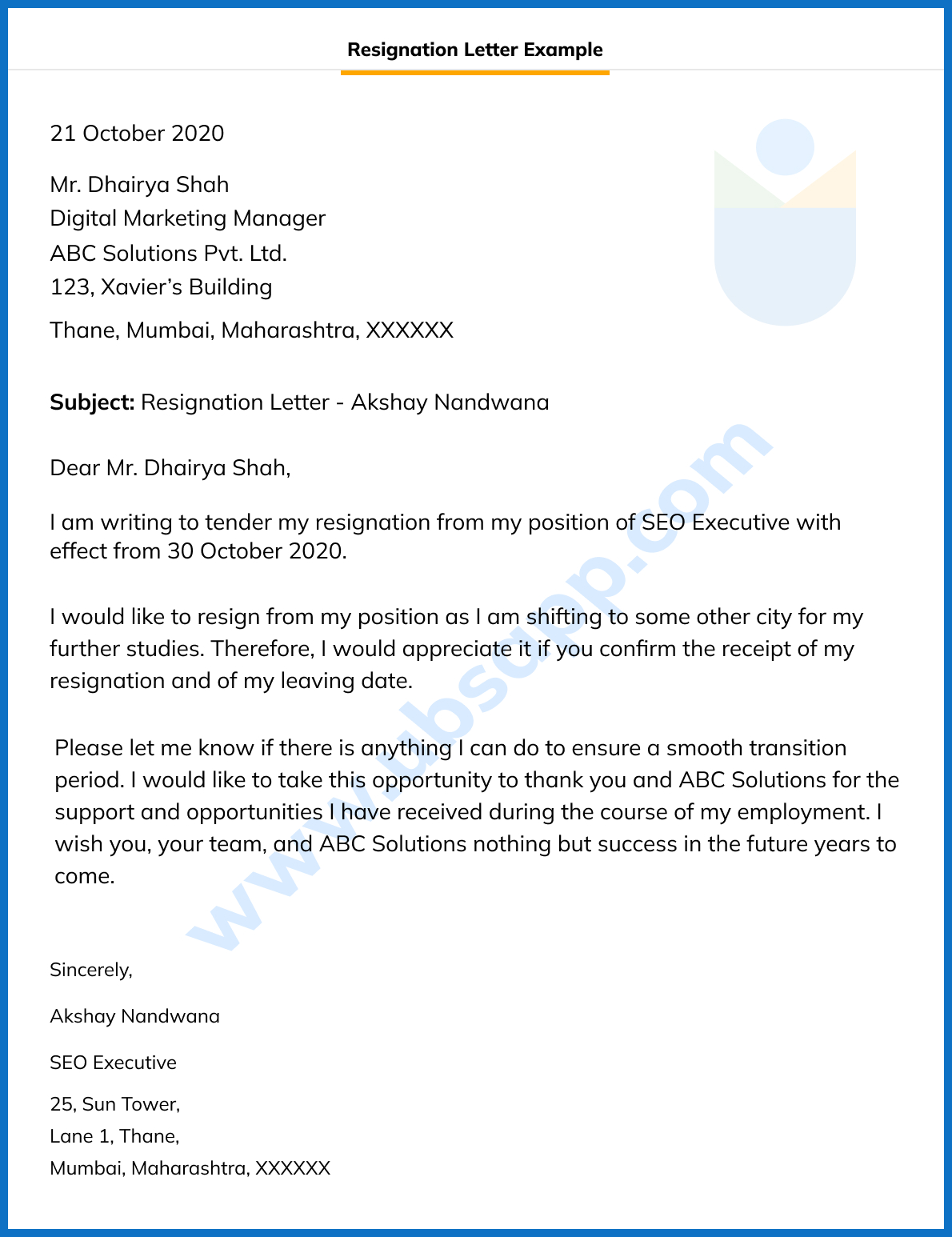 Resignation Letter Example