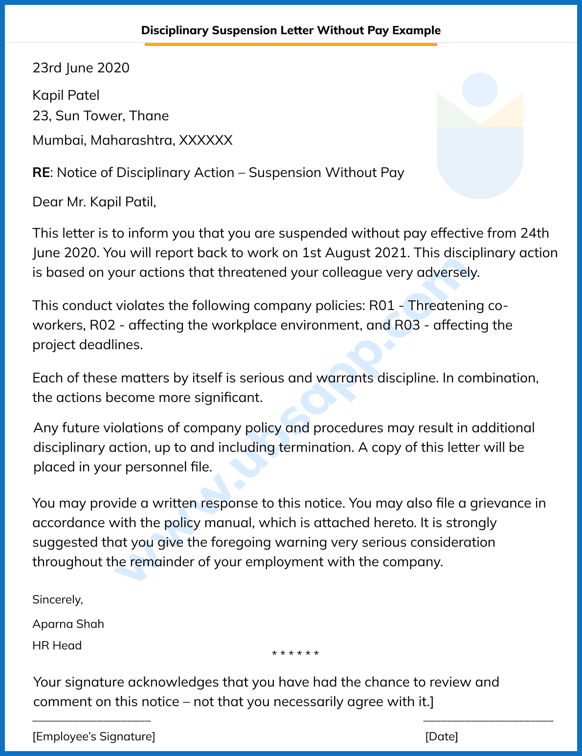 Disciplinary Suspension Letter Without Pay Example