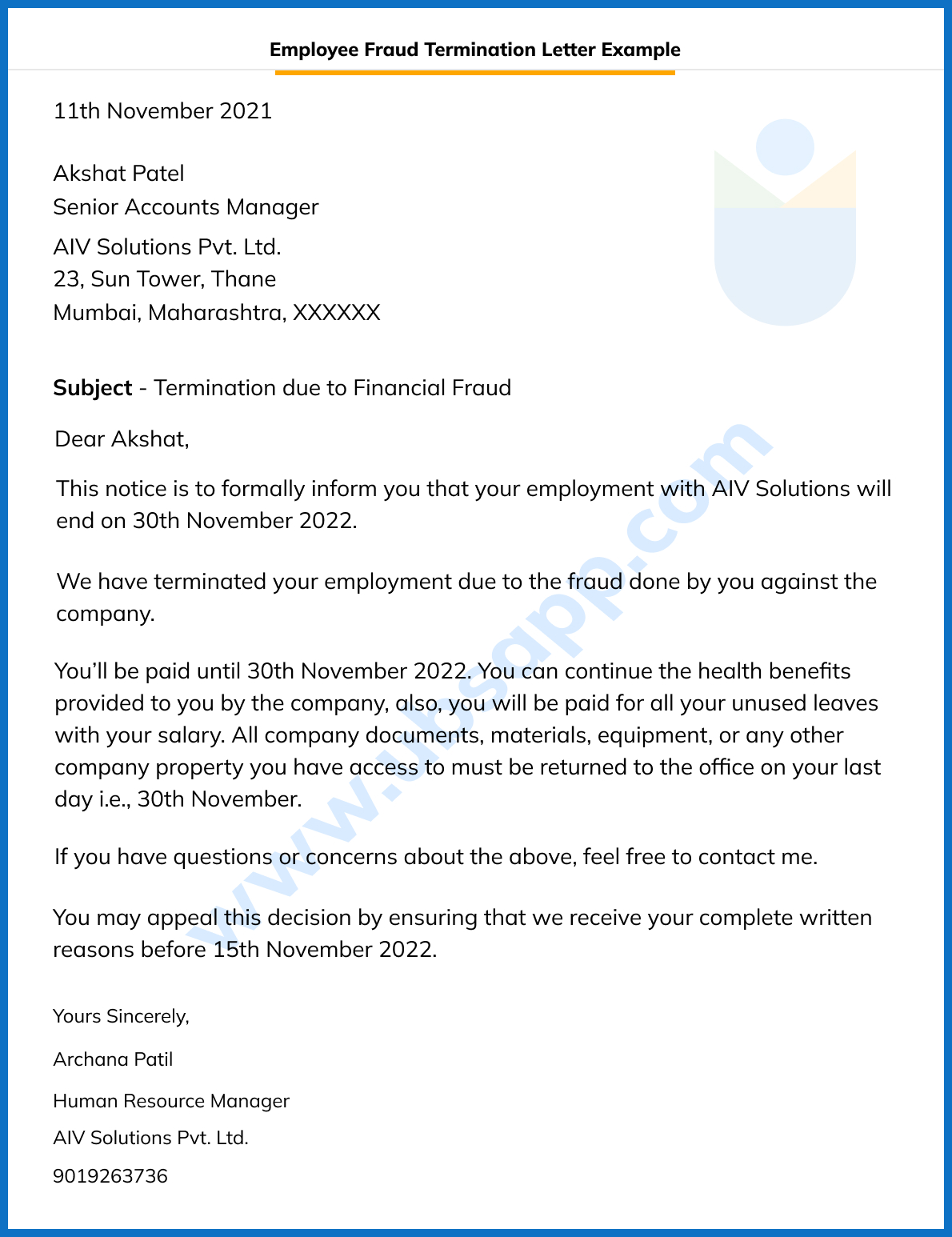 Employee Fraud Termination Letter Example