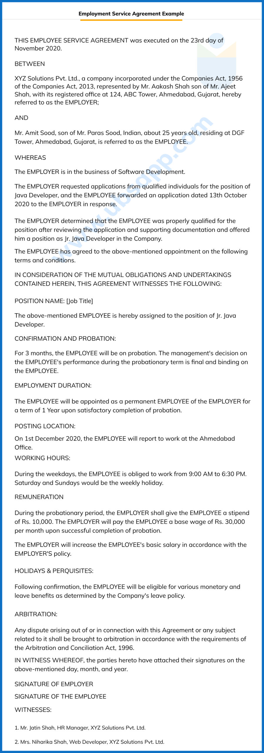 Employment Service Agreement Example