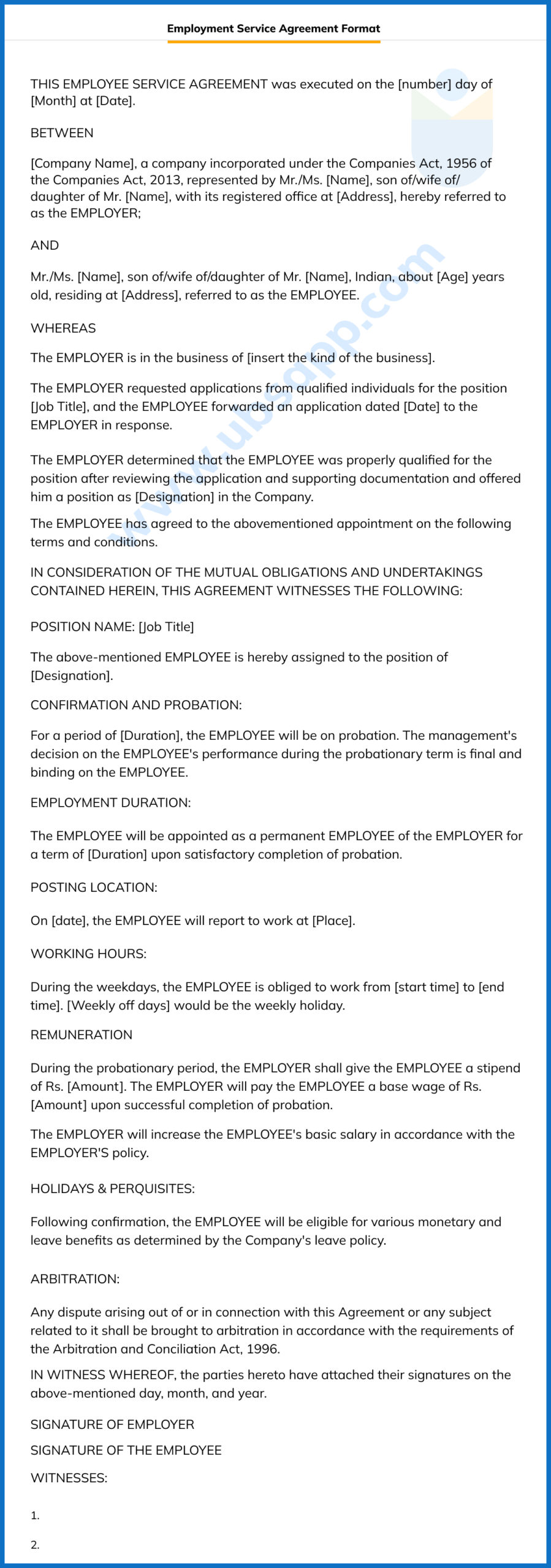 Employment Service Agreement Format